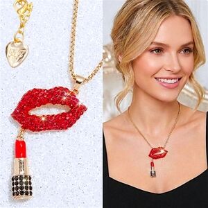 Gold Red & Black Crystal Lipstick Charm Lips Necklace